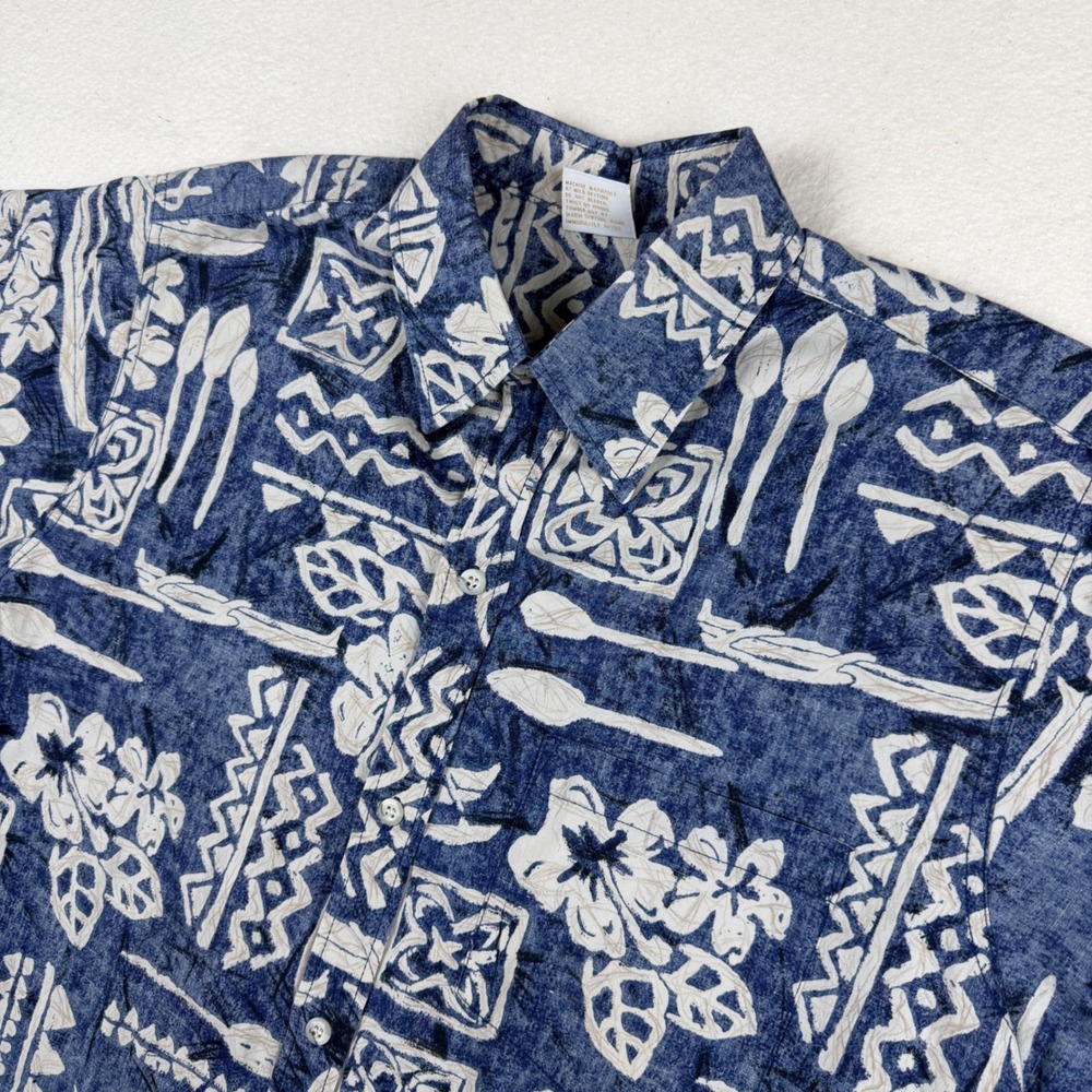 Vintage Go Barefoot Hawaiian Shirt XL Blue White Cotton Aloha Made in USA Batik